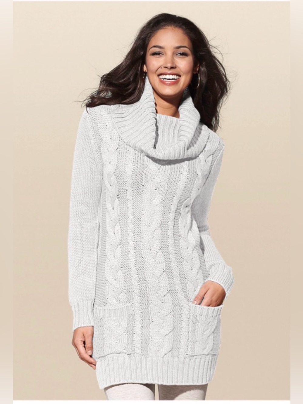 VENUS Cable Knit Sweater Dress Large Cream Cowl Neck Pockets NWOT